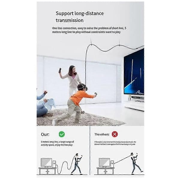 VR-datakabel 5M, 2A snabbladdning, 5 Gbps höghastighetsöverföring, nylonflätad kabel kompatibel med Meta/ 3