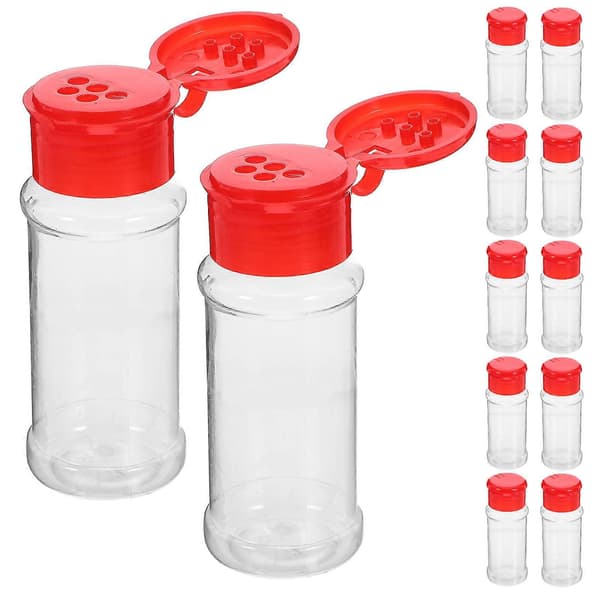 Plastiska saltkar 12-pack, mångsidiga kryddburkar med transparent design, 100 ml kryddflaskor för köksförvaring