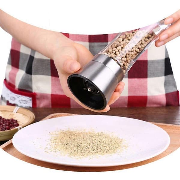 Justerbart salt- och pepparkvarnset med ställ, 2-pack keramiska kvarnar för kökskryddor, tjock glaskropp