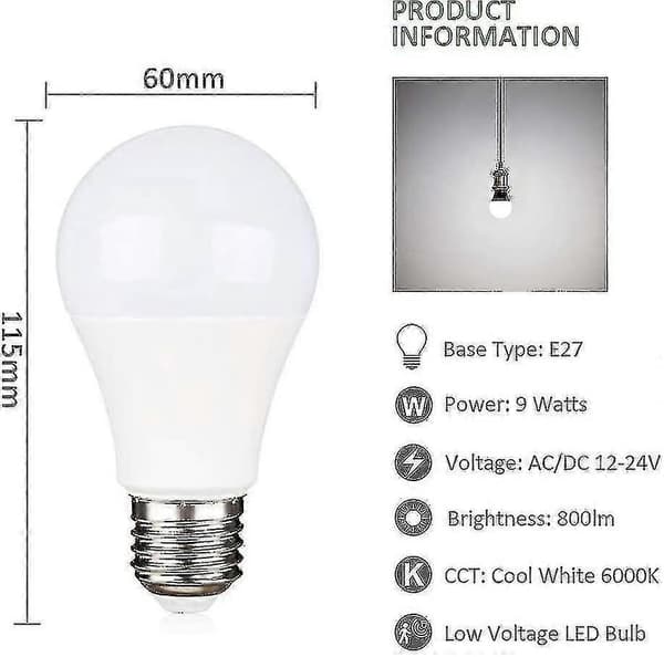 E27 LED-lampor 9W 75W Halogenekvivalent, 12V-24V AC/DC, 6000K Kallvit, 4-pack för Sol/Husbil/Båt