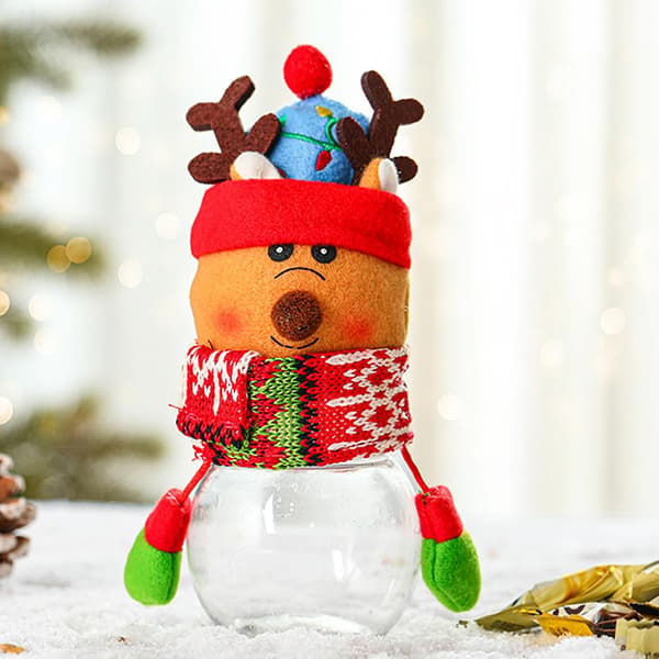 Godisburk i transparent plast med design av tomte, älg och snögubbe, julklappsförvaringsflaska för barn