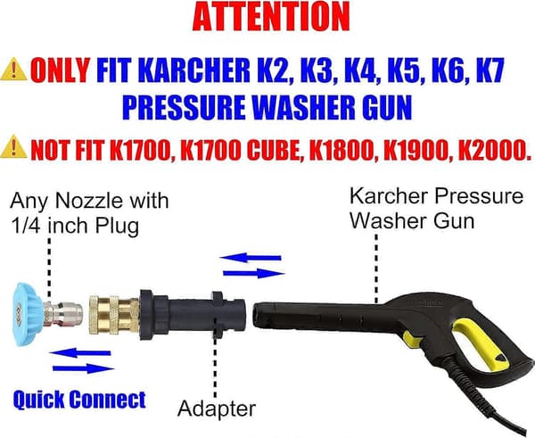 Högtryckstvättspistoladapter, 1/4'' snabbkoppling, mässing och plast, 2000 PSI, kompatibel med K2, K3