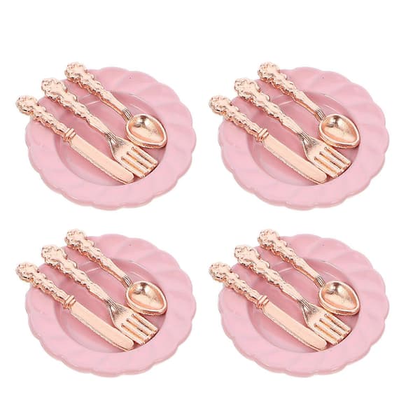 Dockhus Mini Tallrik Servis för Dekor 8 Uppsättningar Rosa Legering Dockhus Disk