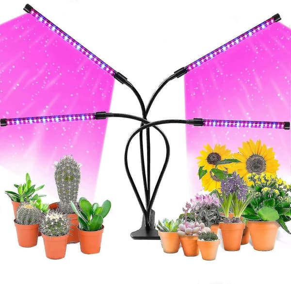 LED-växtlampa med 4 flexibla armar, 360° rotation, timer, 13 inställningar för inomhusväxter, USB-driven växtlampa