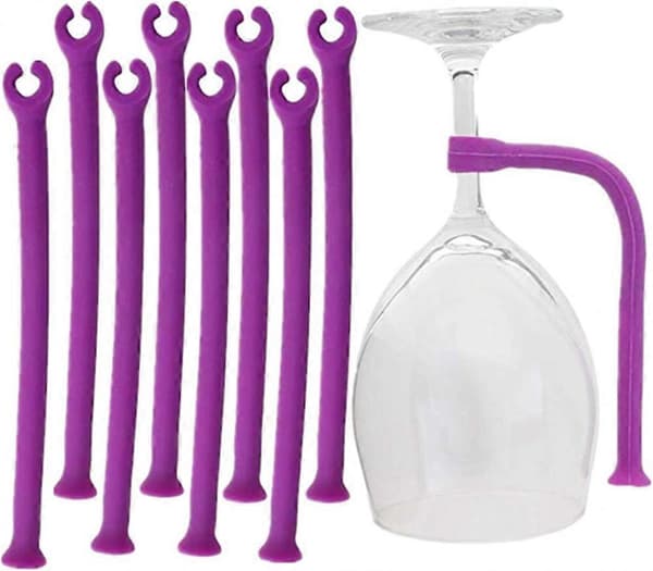 Vinglashållare i silikon för diskmaskin, set om 8, lila, justerbar stam, diskmaskinssäker, skyddar glas