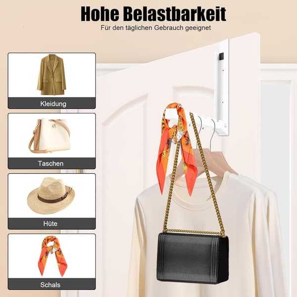 2-pack vikbara dörrkrokar, kraftiga med 6 spår, för att hänga kläder, handdukar, väskor, dörrförvaring för sovrum, badrum, vardagsrum, vit