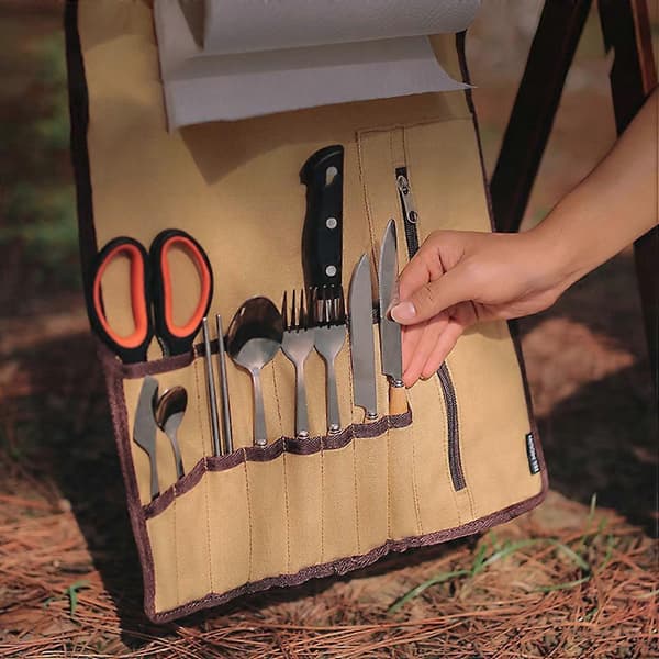 Picknick Camping Bestick Förvaringsväska Organizer för Utomhusevenemang 60x36cm Khaki Rektangulär Vikbar Design 1st