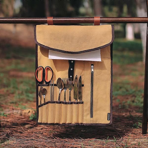 Picknick Camping Bestick Förvaringsväska Organizer för Utomhusevenemang 60x36cm Khaki Rektangulär Vikbar Design 1st