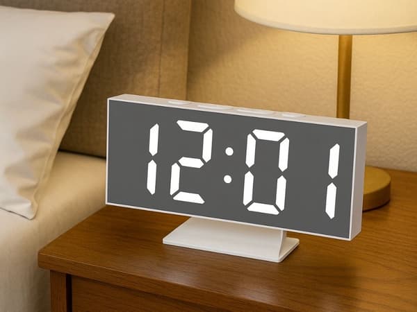 Digital LED Vekkerklokke med Speildisplay, USB, Hvit, Termometer