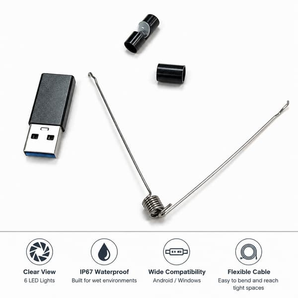 USB-C Endoskop for Android/Windows, IP67 Vanntett, Svart, 3.5m, 5.5mm Linse