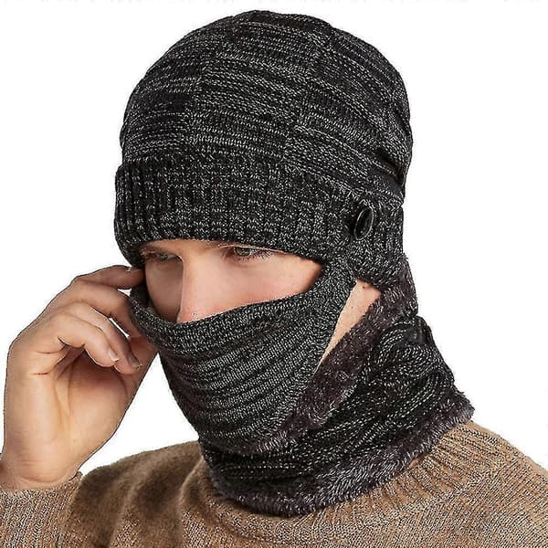 Varm vintermössa för män, stickad ullmössa, halsduk och maskset Black