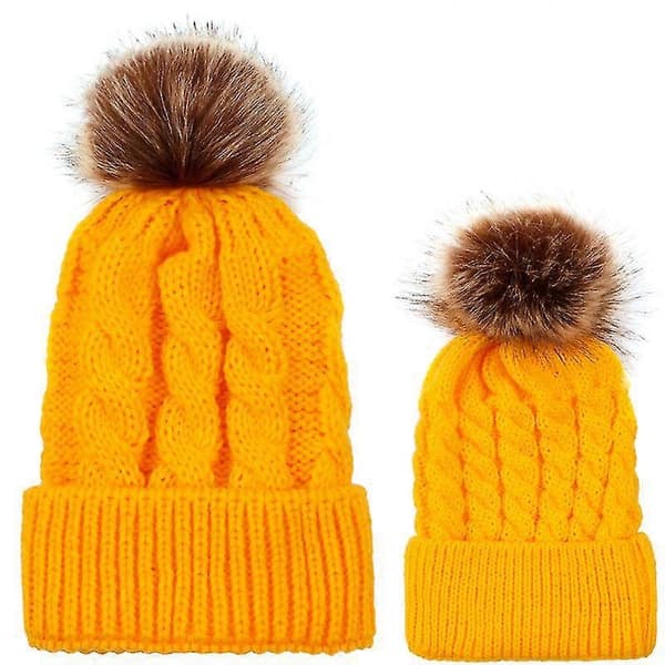 Matchende hue til forældre-barn, mor og børn, vinter skihat Yellow Baby
