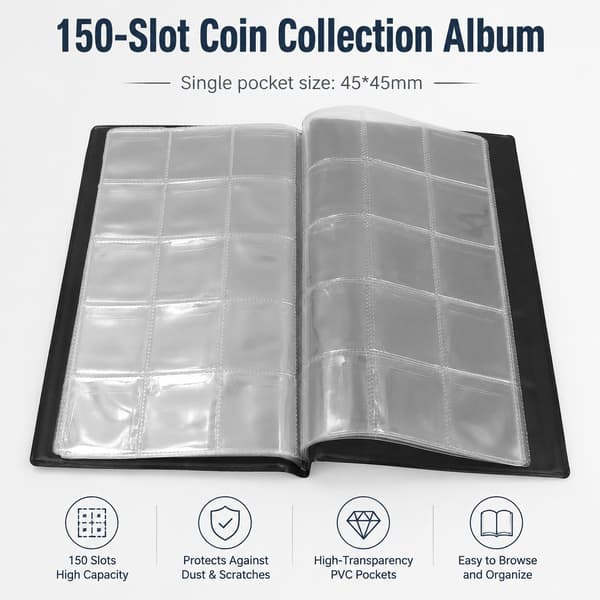 150-slots møntsamlingsalbum, PVC sølvdollar mindemøntholder, sort blå rød