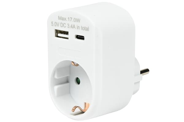 Vegguttak med USB-A og USB-C, hvit, 16A-adapter med 2 USB-porter