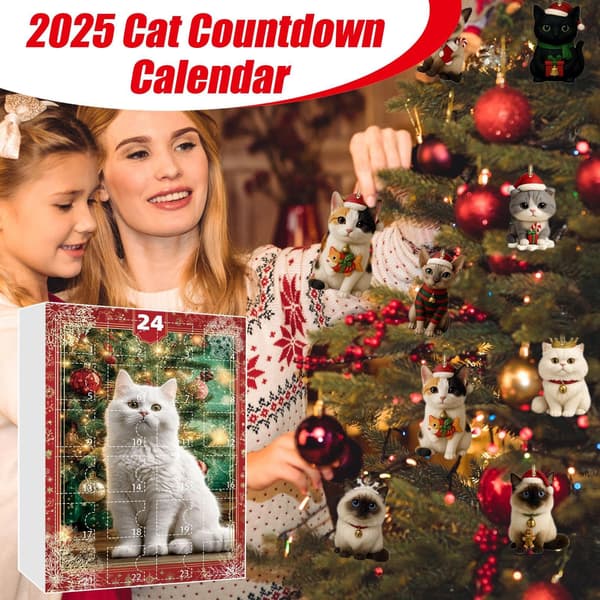 Kattelsker Julekalender 2025, 24 Dager Nedtelling til Jul med 24 Kattepynt, Akryl