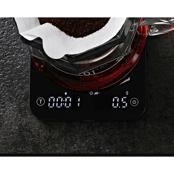 Digital kaffevægt med timer, 0,1g præcision, LED-display, Auto/Smart Espresso/Flow-tilstande, Sort
