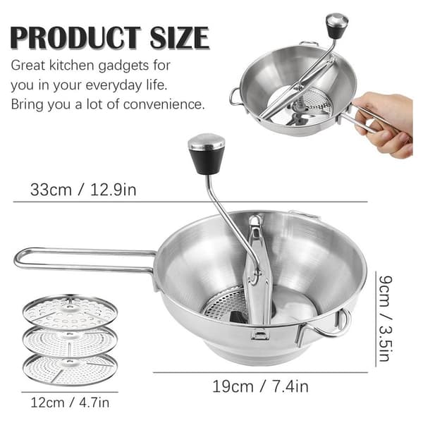 24 cm manuel madmølle, rustfrit stål, sort, 3 udskiftelige skiver til tomatsauce, æblemos