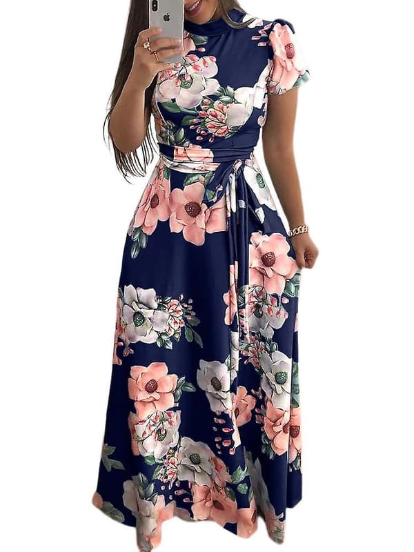 Dame Plue Størrelse Blomstret Maxikjole DARK-BLUE 4XL