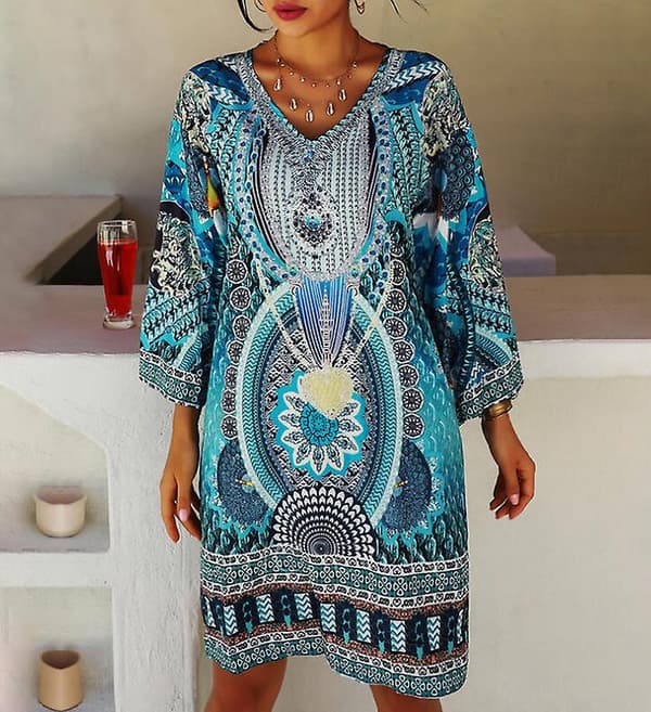 Elegant Plus Size Langærmet Kjole til Kvinder med Moderne Print M