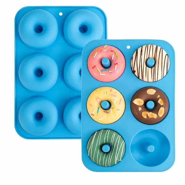 Donutformar i silikon, blå, set om 2, för 6 munkar, diskmaskinssäkra, värmebeständiga