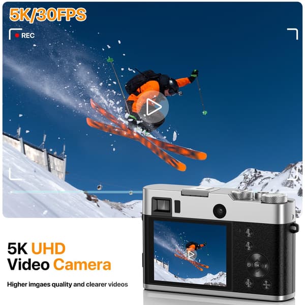 5K digitalkamera med front- og bakkamera, autofokus, anti-risting, brun
