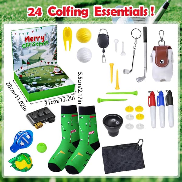 Golf Julekalender, 24-dagers Nedtelling til Jul med Ornament, Køller, Baller, Pegger