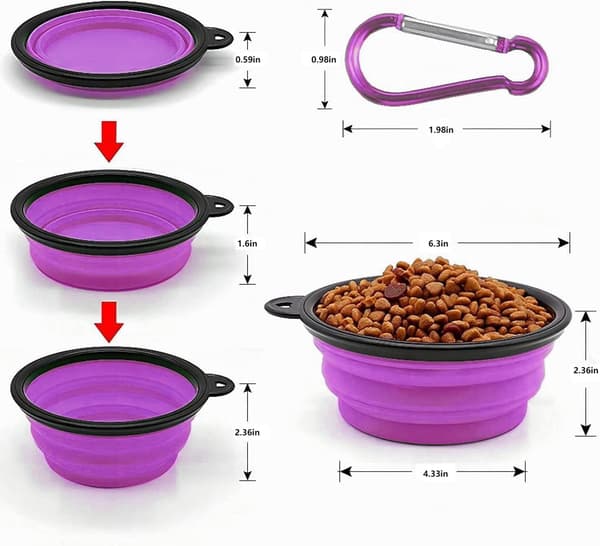 Sammenklappelig bærbar hundeskål til katte og hunde, foder- og vandskål til kæledyr med karabinhage Purple Medium(650ML)