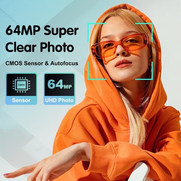 4K 64MP digitalkamera med front- og bagkamera, 32 GB hukommelseskort, sort