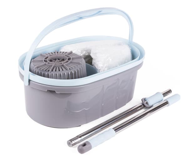 Mopping med bøtte 360° rotasjon, mikrofibermopp, rustfritt stålhåndtak, 7L, hardt gulv