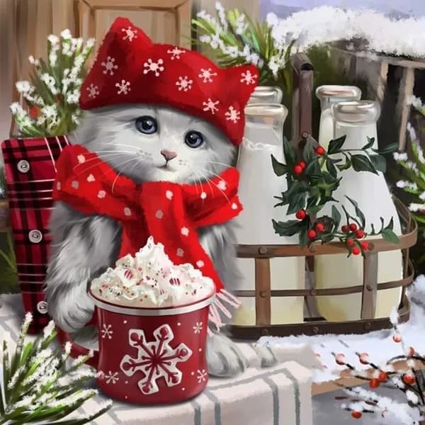 5D Diamantmaleri Sæt, Fuld Rhinestone Kat Jul Snefyldt, 30x30cm Lærred