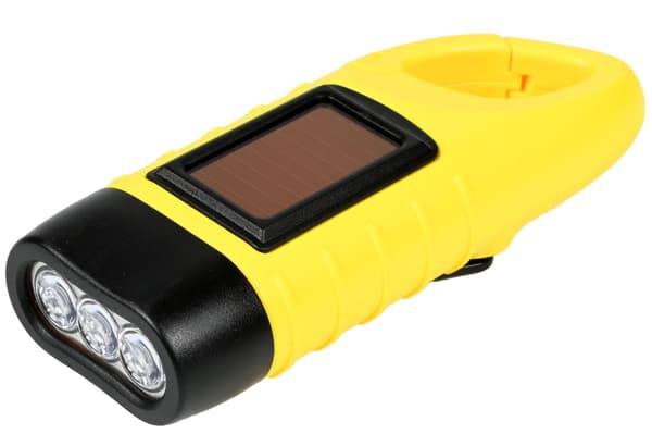 3 LED lommelygte med karabinhage, sol- og dynamodrevet, kompakt campinglampe