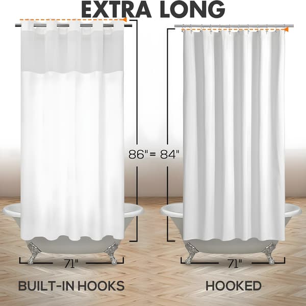 Extra långt duschdraperiset 71x86, vitt, slub-texturerat tyg med vattentät PEVA-foder, genomskinligt toppfönster