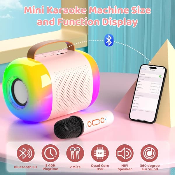 Mini-karaokelaite kahdella langattomalla mikrofonilla, Bluetooth-kaiutin, LED-valot, lapsille ja aikuisille white