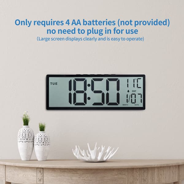 15\" stor digital väggklocka, batteridriven, stor display med datum, veckodag och temperatur, alarm