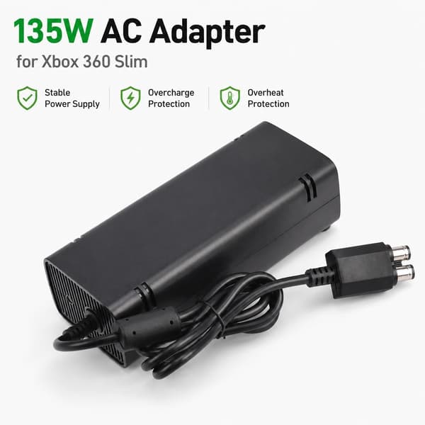 Xbox 360 Slim AC-adapter 135W strømforsyning, sort, overopladnings- og overophedningsbeskyttelse