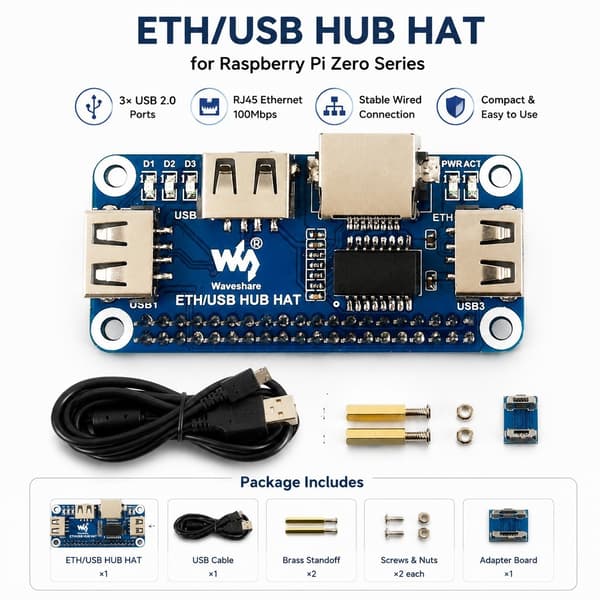 Pi ETH/USB Hub HAT för Raspberry Pi Zero-serien, 3 USB- och RJ45-portar, förbättrad anslutning