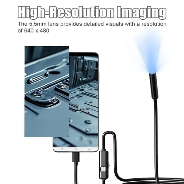 Inspeksjonskamera, 5,5 mm linse, 2 m kabel, IP67 vanntett, LED, USB-C, svart