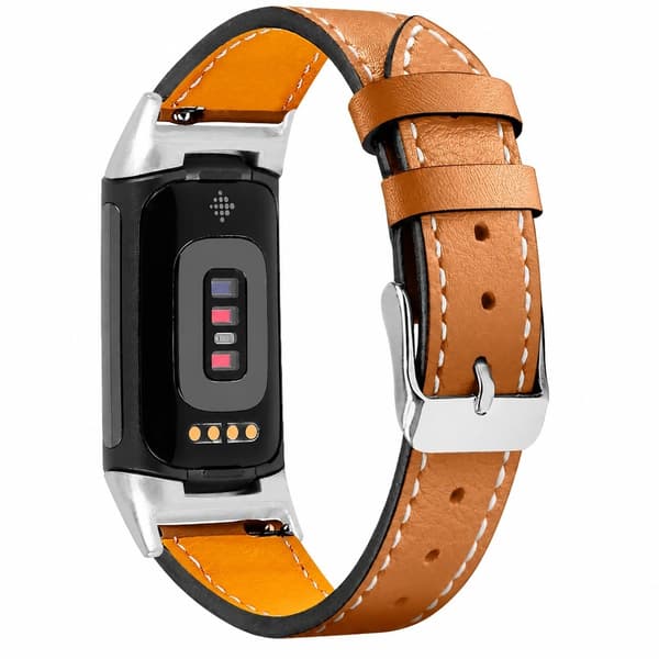 Äkta läderarmband för Fitbit Charge 5/6, kaffe, premium kohud