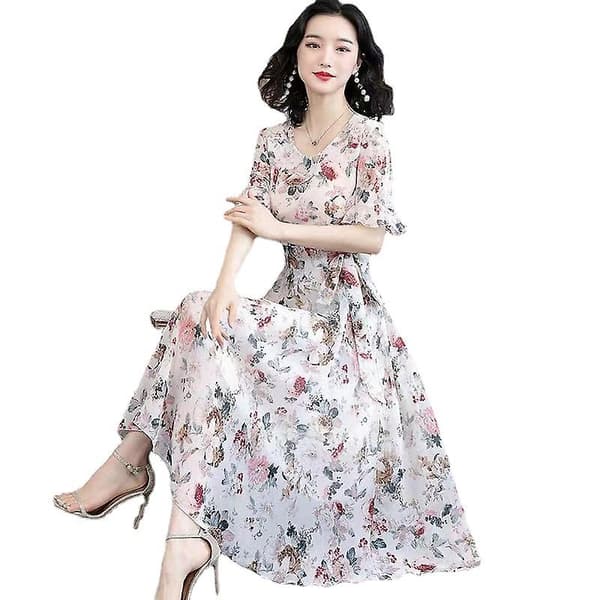 Dame Sommer Chiffon Flæse Blomstret Mini Kjole WHITE L