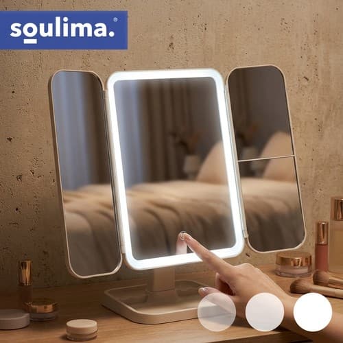 LED Sminkespeil, 3-panels sammenleggbart, 2x/3x forstørrelse, justerbart lys, USB-C, kremhvitt