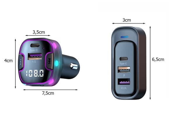 Bluetooth FM-lähetin autoon, 3 USB- ja Type-C-porttia, handsfree-puhelut, pikalataus