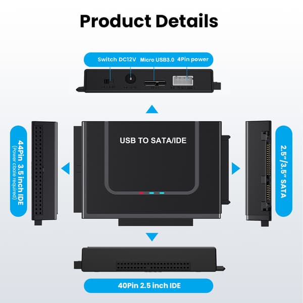 USB 3.0 til SATA-adapterkabel for 2,5 og 3,5 tommers harddisk, ekstern HDD-leseromformer
