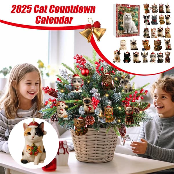Kattelsker Julekalender 2025, 24 Dager Nedtelling til Jul med 24 Kattepynt, Akryl