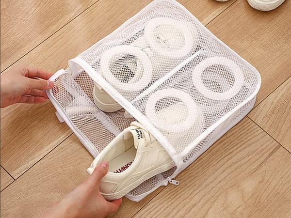Vaskepose i net til sko, stor, med lynlås, vask og tør, beskytter sneakers