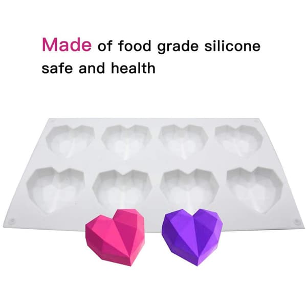 Vit 8-håls hjärtdiamant silikonform för mousse, tårta, choklad, DIY-bakning