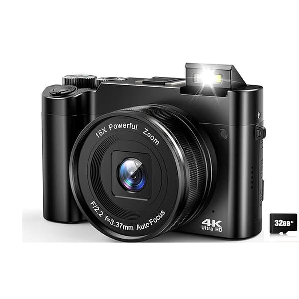 4K 64MP digitalkamera med front- og bakkamera, 32 GB minnekort, svart