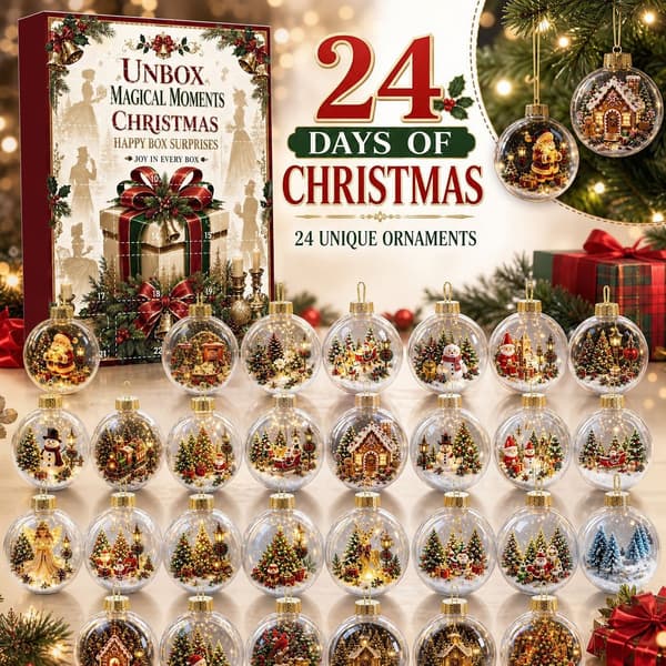 Julekalender med nedtelling, akryl snøscene-ornament, treanheng-gave