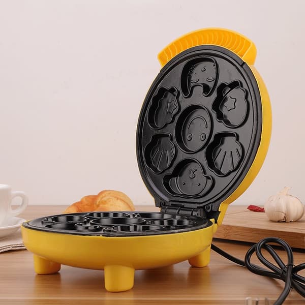 Mini elektrisk kakeform, dobbeltsidig oppvarming, automatisk, tegneserie vaffelmaskin, gul