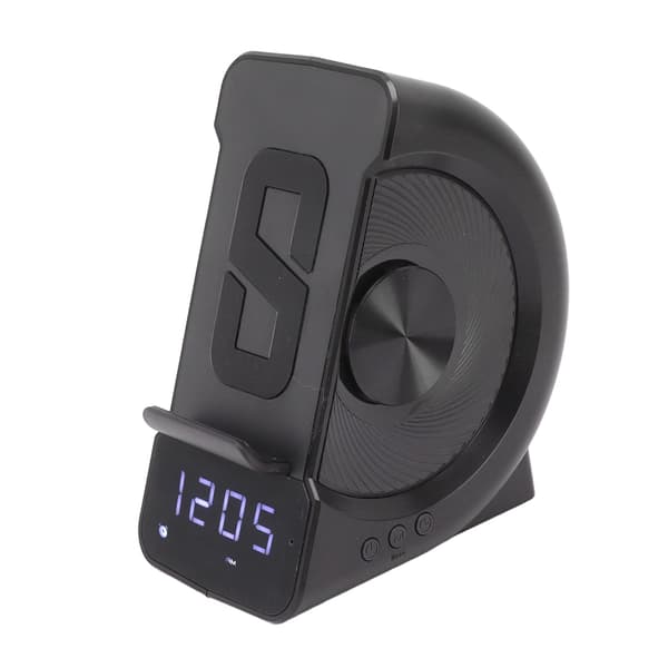 3-in-1 Bluetooth-kaiutin herätyskellolla, langaton lataus, 10W, PC ABS, musta yöpöydälle