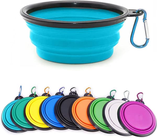 Sammenklappelig bærbar hundeskål til katte og hunde, foder- og vandskål til kæledyr med karabinhage light blue Medium(650ML)